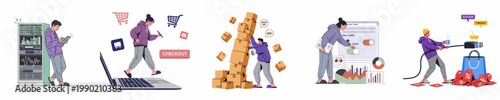 Flat vector illustrations depicting e-commerce technical challenges, server maintenance, website testing, error handling, and high-traffic shopping events management.