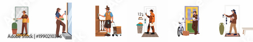 Set of Illustrations Showing Delivery Couriers in Uniforms Ringing Doorbells and Delivering Packages to Various House Entrances