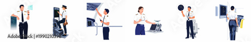 Set of professional airline pilots in uniform working in the cockpit and with navigation technology, isolated on white background flat vector illustrations.