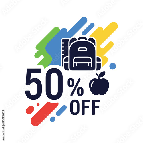 50 percent off school supplies sale with backpack and apple ingredient