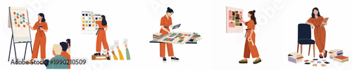 Set of modern flat illustrations depicting professional women engaged in creative business tasks, from planning and designing to presenting strategies.