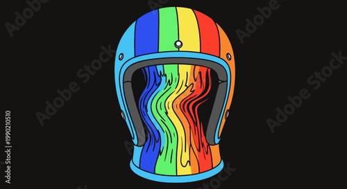 Rainbow striped melting helmet illustration with a blue frame and smooth wavy drips in a cartoon style on a solid black background