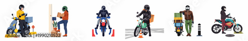 Set of flat vector illustrations showing various motorcycle and scooter delivery couriers in urban scenarios, wearing helmets and carrying packages for fast service.