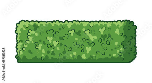 Rectangular green hedge illustration; neat trimmed shrubbery with organic leafy texture in cartoon vector style for garden design