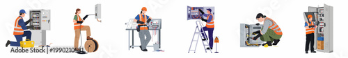 Set of Diverse Electricians Working on Electrical Panels and Maintaining Power Systems in Flat Vector Illustration Style.