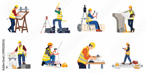 A collection of civil engineers and construction workers in hard hats and safety vests working on blueprints, bridge models, and site surveys.