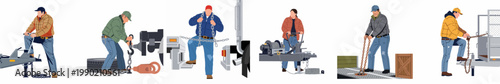 Flat vector illustration of male and female workers performing various towing, hauling, and logistics tasks with trailers, trucks, and heavy-duty chains.