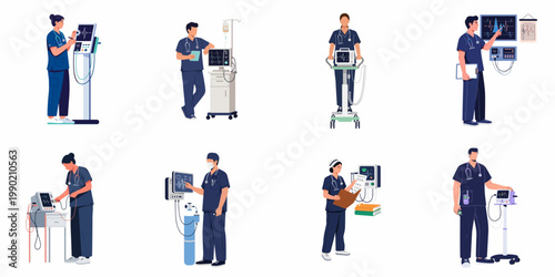 Set of Medical Professionals Operating Advanced Healthcare Equipment and Heart Monitoring Devices in a Flat Vector Illustration Style