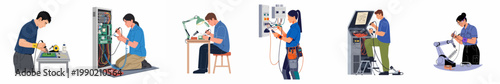 Illustrations of professional technicians and engineers working on electronic circuits, electrical panels, and robotic systems in diverse industrial settings.