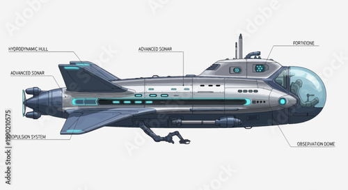 Retro futuristic pixel art submarine with advanced sonar hydrodynamic hull and observation dome on a light background