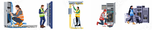 Set of flat vector illustrations depicting IT engineers and technicians working with server racks, network cabling, and data center maintenance equipment.