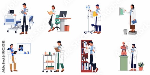 Collection of flat vector illustrations depicting diverse doctors working in different healthcare settings, including examination rooms, offices, and research labs.