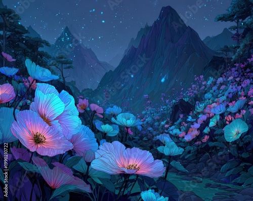 Vibrant digital illustration of colorful flowers in a mountainous landscape under a starry night sky, showcasing intricate details and vivid hues