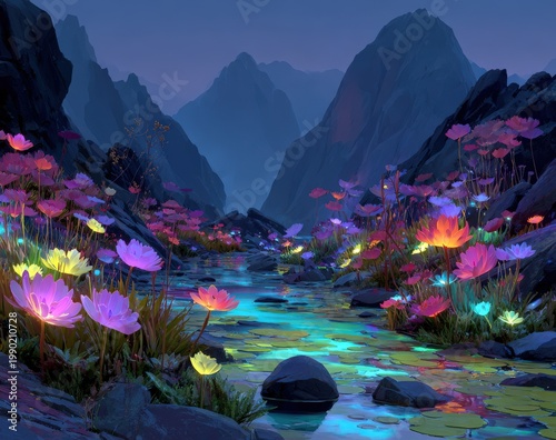 Vibrant digital illustration of a serene river surrounded by colorful glowing flowers and mountains under a twilight sky, creating a magical landscape scene