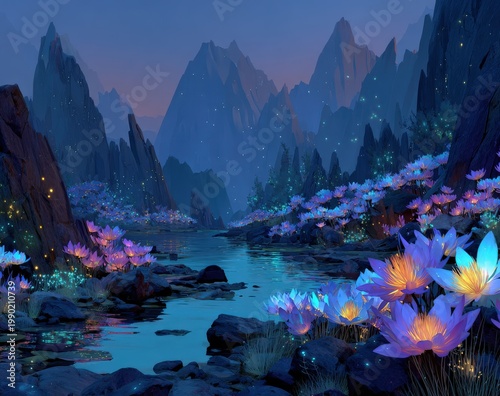 Fantasy landscape illustration featuring a serene river surrounded by glowing flowers and majestic mountains under a twilight sky with shimmering stars