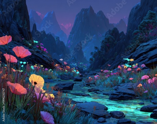 Vibrant digital landscape featuring colorful flowers and a serene stream flowing through rocky terrain under a twilight sky with distant mountains in the background
