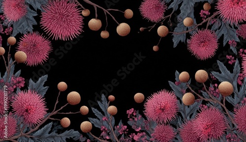 Floral illustration featuring vibrant pink and gold flowers with dark green leaves on a black background, creating a decorative border design