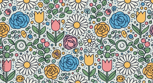 Seamless vector floral pattern featuring daisies roses and tulips in pastel hues with outlined details perfect for textile or wallpaper design
