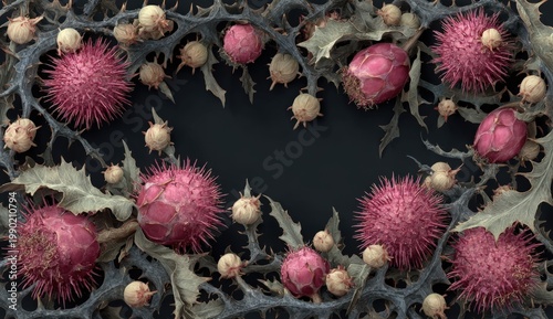 Close-up view of vibrant pink and purple spiky seed pods surrounded by dry thorny leaves on a dark background, showcasing intricate natural textures and forms