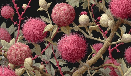 Detailed illustration of vibrant pink spiky flowers and green leaves against a dark background, showcasing intricate botanical features and textures