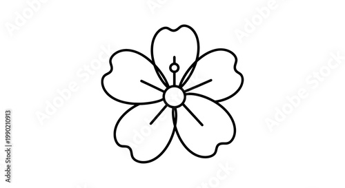 Simple outline of a cherry blossom flower with rounded petals and detailed stamen illustration; Minimalist floral design element in black and white