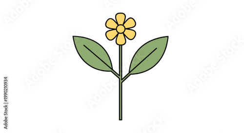 Simple vector graphic of a yellow flower with green stem and leaves on white background for botanical design elements