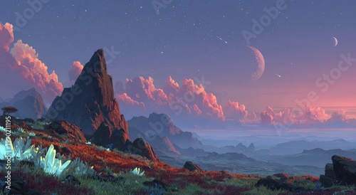 Surreal landscape illustration featuring towering mountains, colorful clouds, and distant planets in a twilight sky with glowing crystals on the foreground terrain