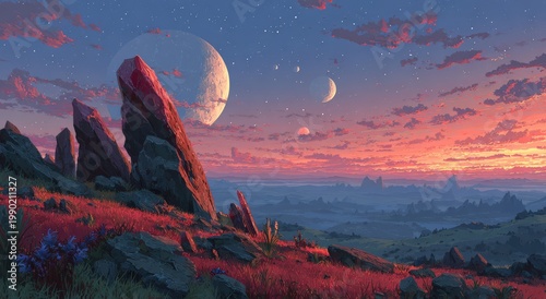 Breathtaking view of an alien planet featuring vibrant colors, rocky formations, and multiple celestial bodies in a stunning landscape at dusk