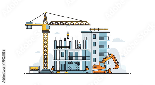 Construction Site with Crane, Excavator, and Building Under Development
