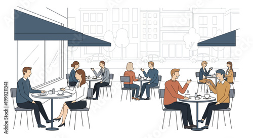 People relaxing at outdoor cafe, enjoying coffee and conversation, city street scene