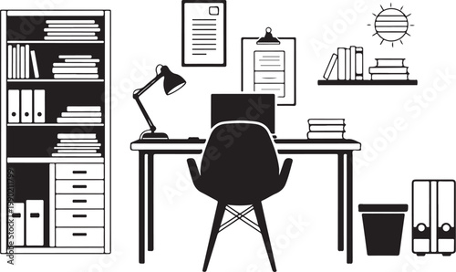 Black and white office workspace with desk chair 1 computer