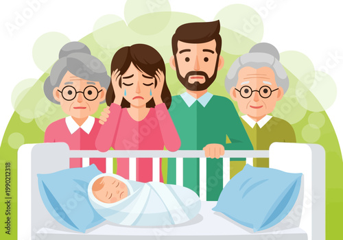 Postpartum Depression and Parenting Stress Illustration with Family Supporting Crying Mother and Newborn Baby