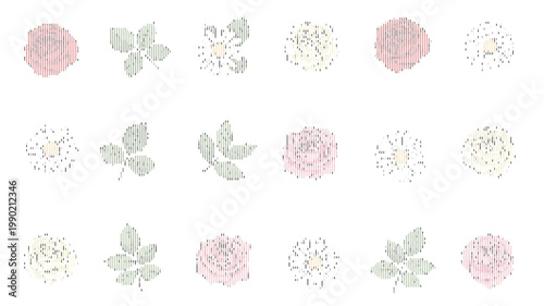 Vintage pastel rose floral collection, 18 hand drawn botanical vector elements, soft pink flower heads and green leaves for wedding stationery