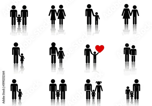 Diverse Family Pictograms and Icons Set for Social Inclusion, LGBT Parenting, Single Parents, and Modern Family Structures