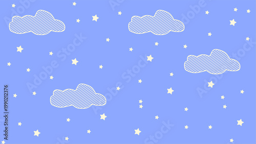 Cute Nursery Seamless Pattern with Clouds and Stars on Blue Background. Sweet Dreams Baby Shower Illustration for Kids Textile, Wallpaper, and Greeting Card Design