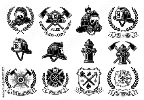 Vintage Firefighter Department Logo and Emblem Set. Black and White Retro Icons featuring Helmets, Axes, and Fire Hydrants.