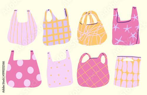 Reusable Shopping Bag Set Eco Tote Pattern Colorful Doodle Collection