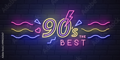 Retro Neon sign 90`s the best with fluorescent text, waves and lightning. Vintage electric signboard. Vector illustration