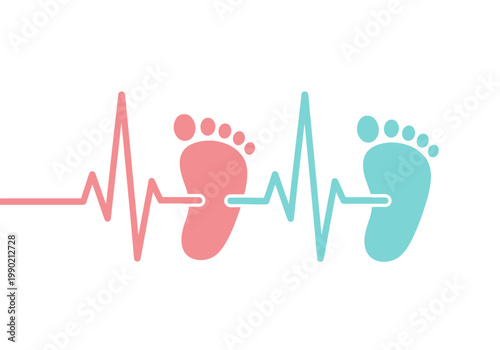 Minimalist Baby Heartbeat Pulse Line with Pink and Blue Footprints for Boy and Girl Twins, Gender Reveal or Pregnancy Concept