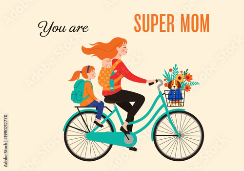 Super Mom Illustration with Mother Riding a Bicycle with Her Baby, Daughter, and Dog; Perfect for Mother's Day Greeting Cards and Parenting Concepts