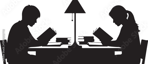 Black silhouette of two people reading at a table with a lamp