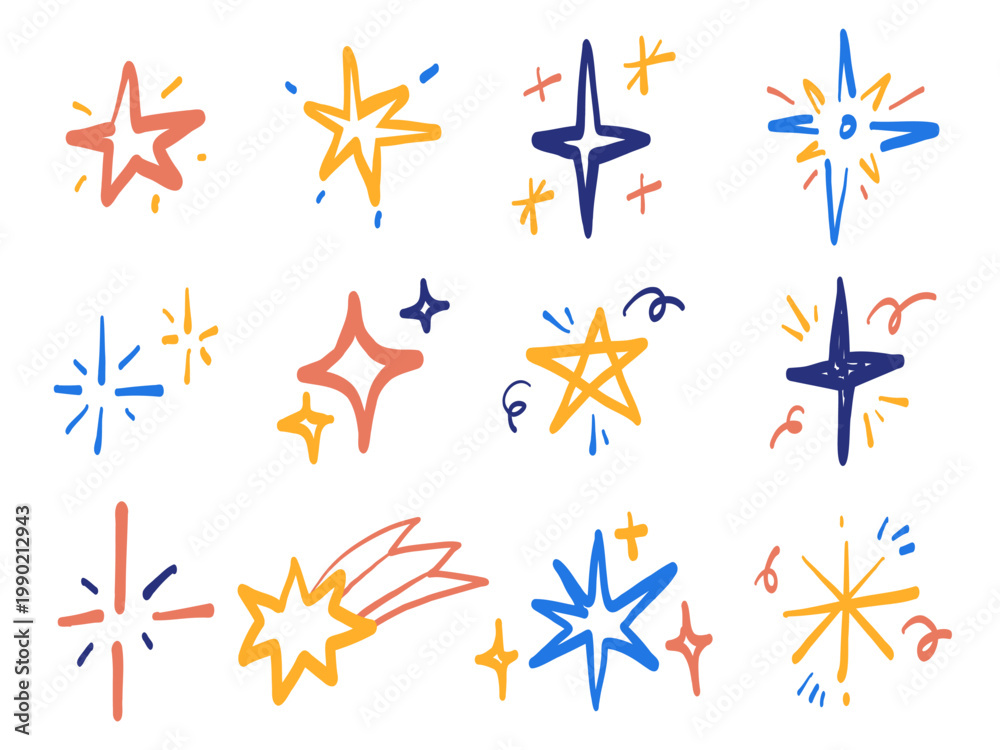 Obraz premium Colorful Hand Drawn Star Sparkle Set Cute Doodle Shine Burst Vector Collection