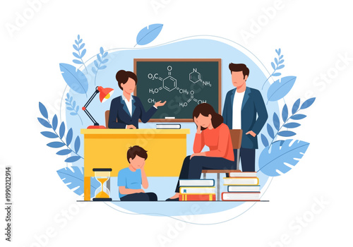 Parent-Teacher Meeting with Stressed Family and Sad Student, Academic Pressure and School Education Problems Concept Flat Vector Illustration