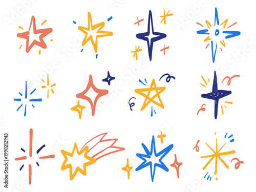 Colorful Hand Drawn Star Sparkle Set Cute Doodle Shine Burst Vector Collection