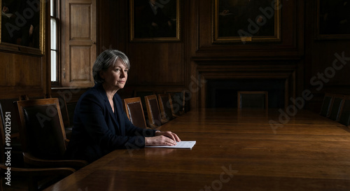 A woman sits at a long, polished wooden table in a room with dark wood paneling and portraits on the walls. 