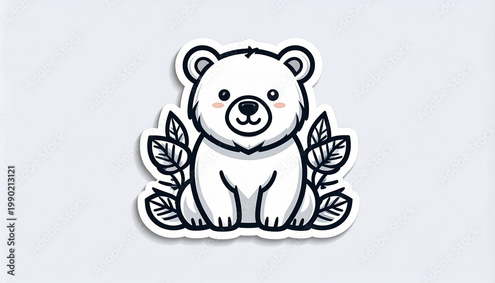 Fototapeta premium Charming vector sticker of a cute baby polar bear, sitting with green leaves, an illustration embodying the sweet innocence of arctic wildlife in a playful cartoon style