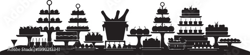Black silhouette of various cakes and desserts on white
