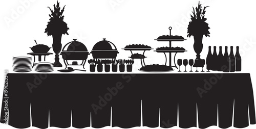 Black silhouette of a buffet table with food and drinks
