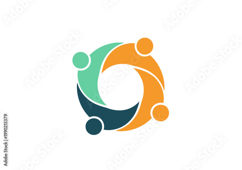 Teamwork and Community Logo Icon with Four Diverse Interlocking People Figures Forming a Circle for Collaboration, Unity, and Business Partnership Concept