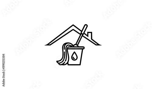 Cleaning company housekeeping logo with house and mop bucket emblem vector design